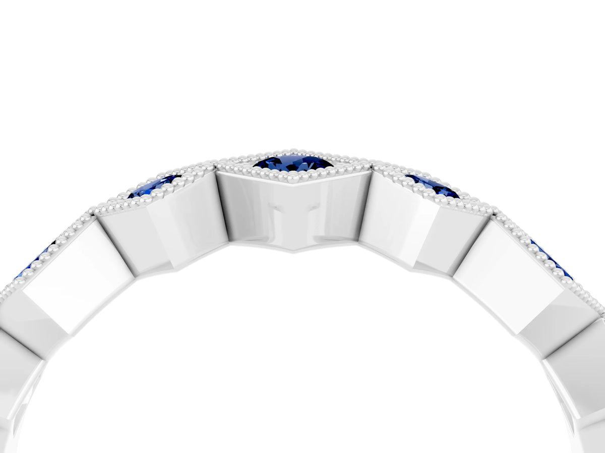 Round Blue Sapphire Square Bezel Chevron Band in Platinum with Milgrain Detailing