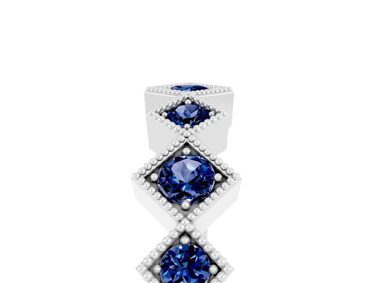 Round Blue Sapphire Square Bezel Chevron Band in Platinum with Milgrain Detailing