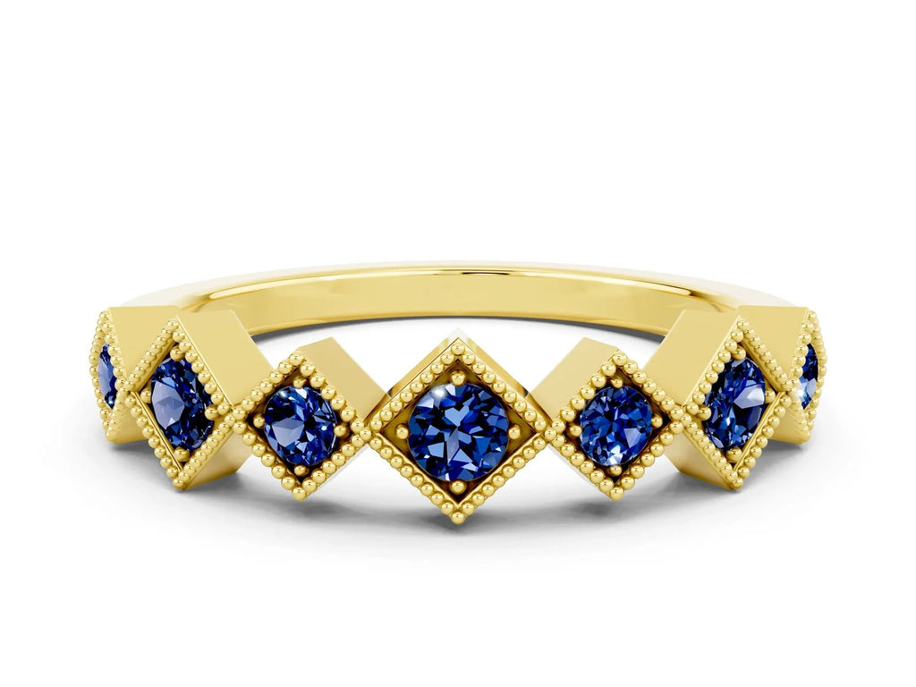 Round Blue Sapphire Square Bezel Chevron Band in Yellow gold with Milgrain Detailing 