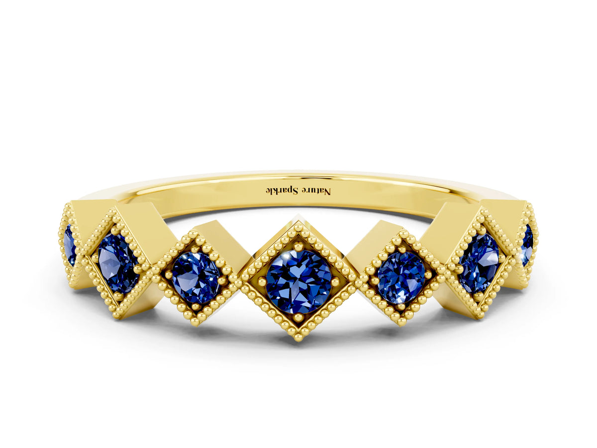 Round Blue Sapphire Square Bezel Chevron Band in Yellow gold with Milgrain Detailing