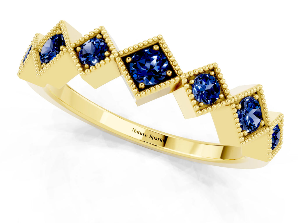 Round Blue Sapphire Square Bezel Chevron Band in Yellow gold with Milgrain Detailing