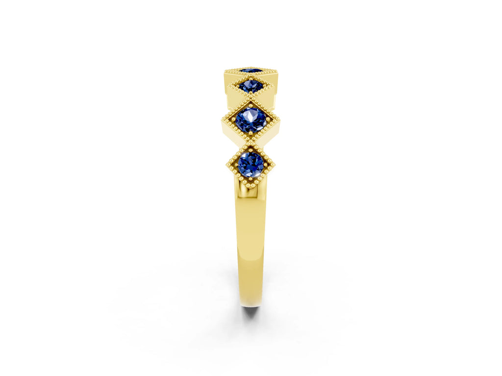 Round Blue Sapphire Square Bezel Chevron Band in Yellow gold with Milgrain Detailing