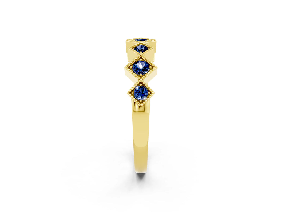 Round Blue Sapphire Square Bezel Chevron Band in Yellow gold with Milgrain Detailing
