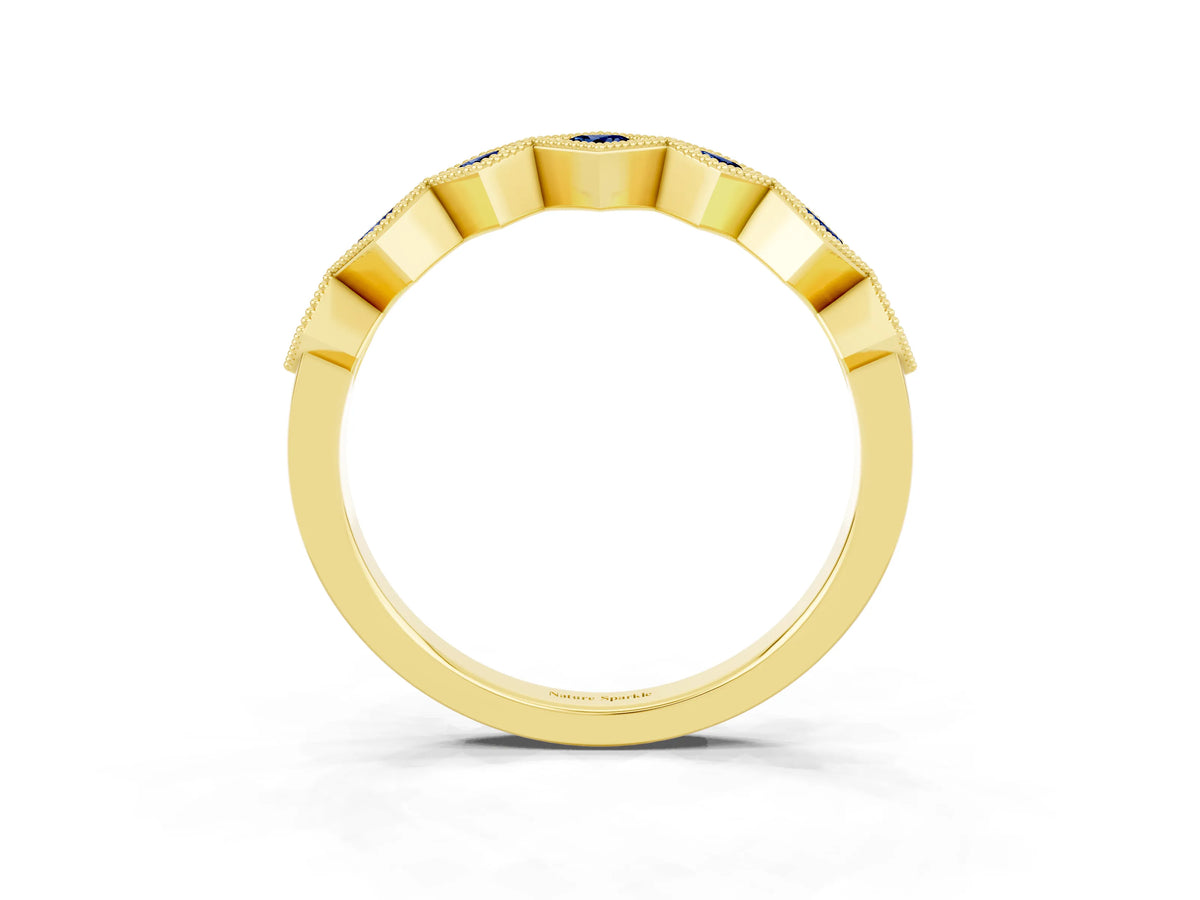 Round Blue Sapphire Square Bezel Chevron Band in Yellow gold with Milgrain Detailing