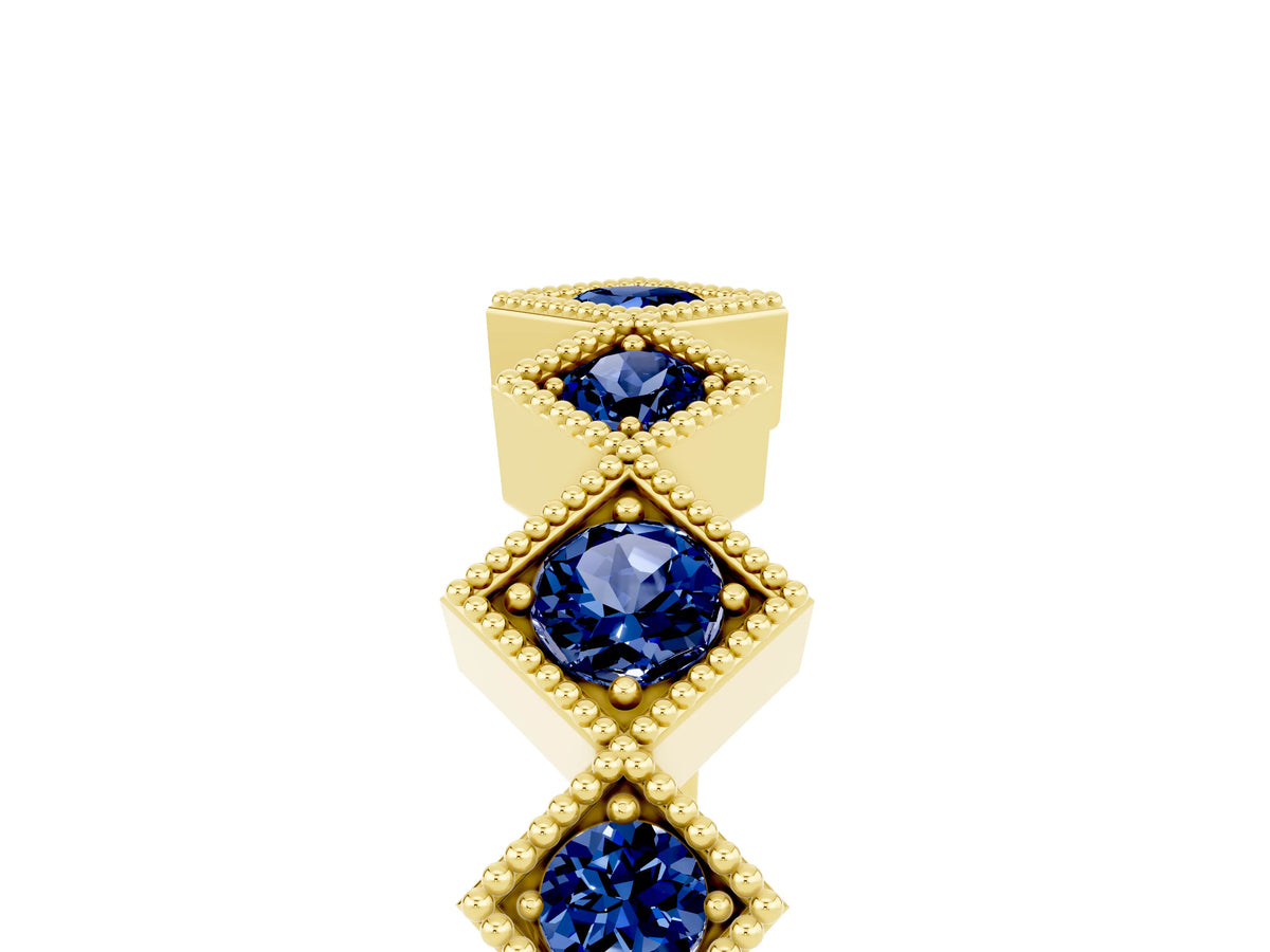 Round Blue Sapphire Square Bezel Chevron Band in Yellow gold with Milgrain Detailing
