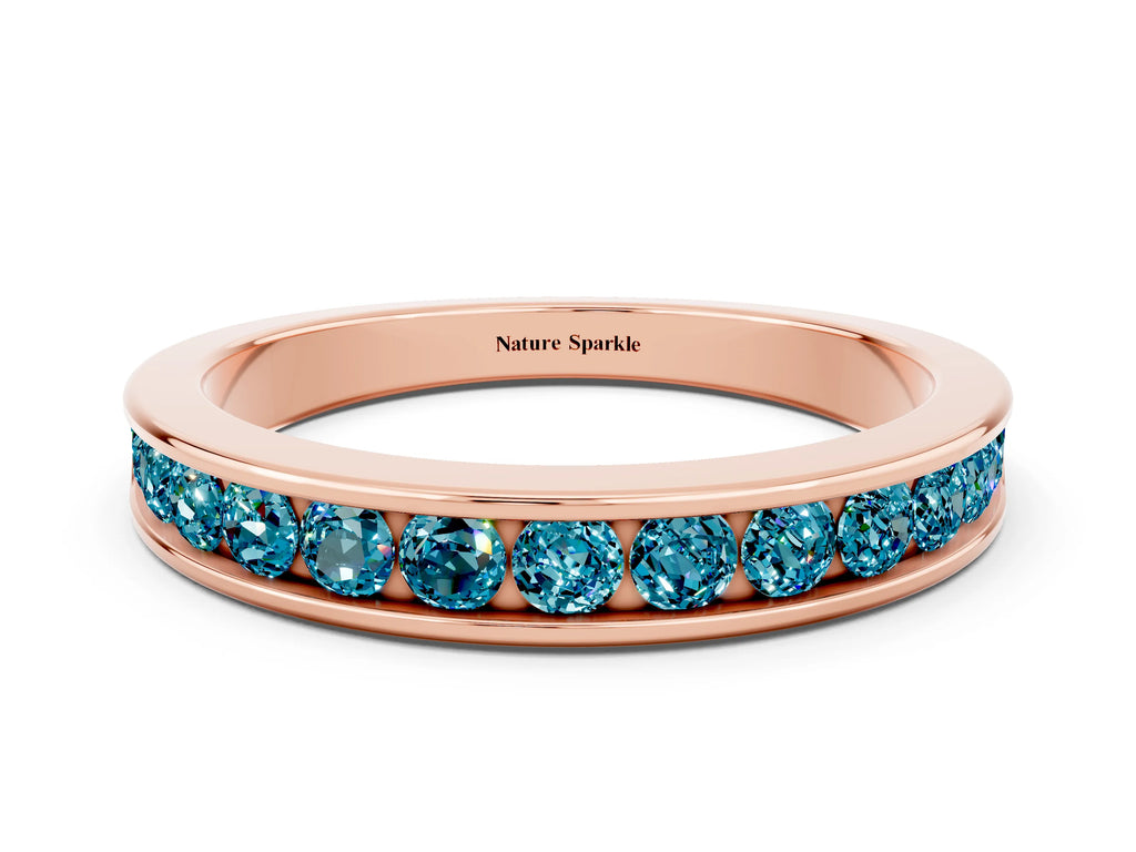Round Blue Topaz Eternity Band in Rose gold with Smooth Channel Setting