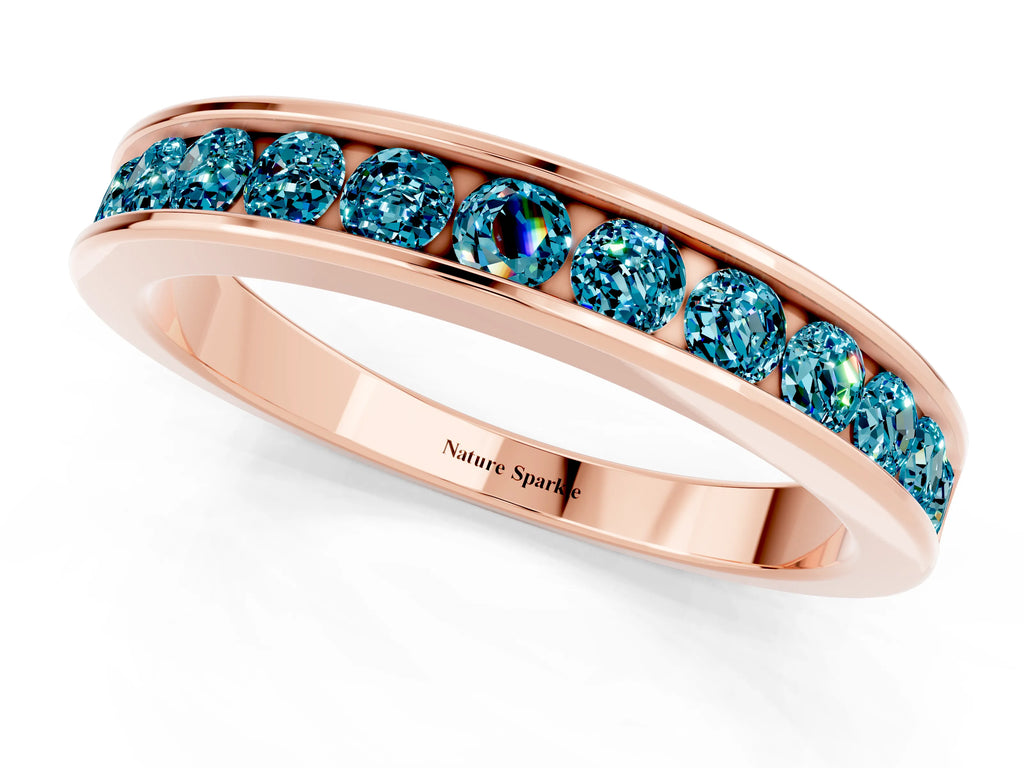 Round Blue Topaz Eternity Band in Rose gold with Smooth Channel Setting