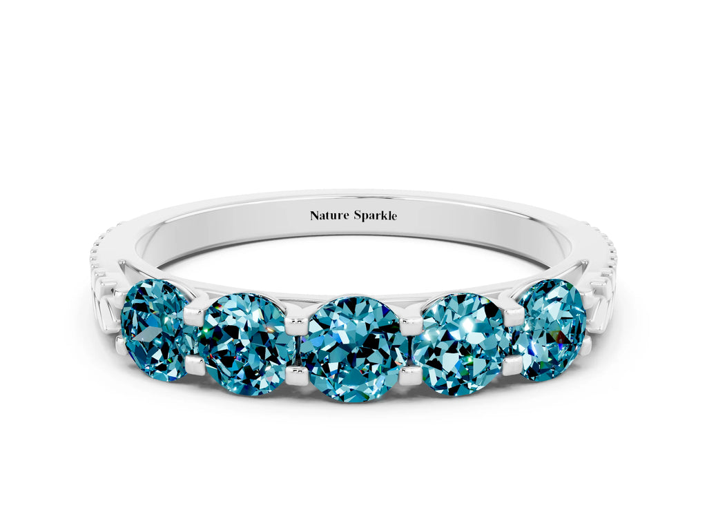 Round Blue Topaz Five-Stone Band in Silver with Prong Setting