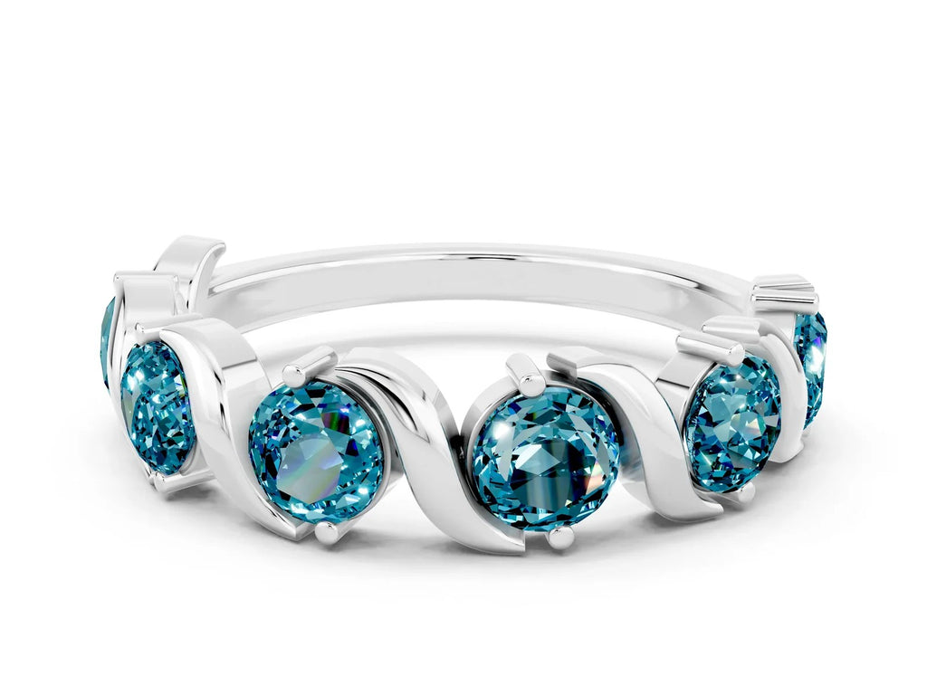 Round Blue Topaz Half Eternity Band in Silver with Wave Prong Setting 