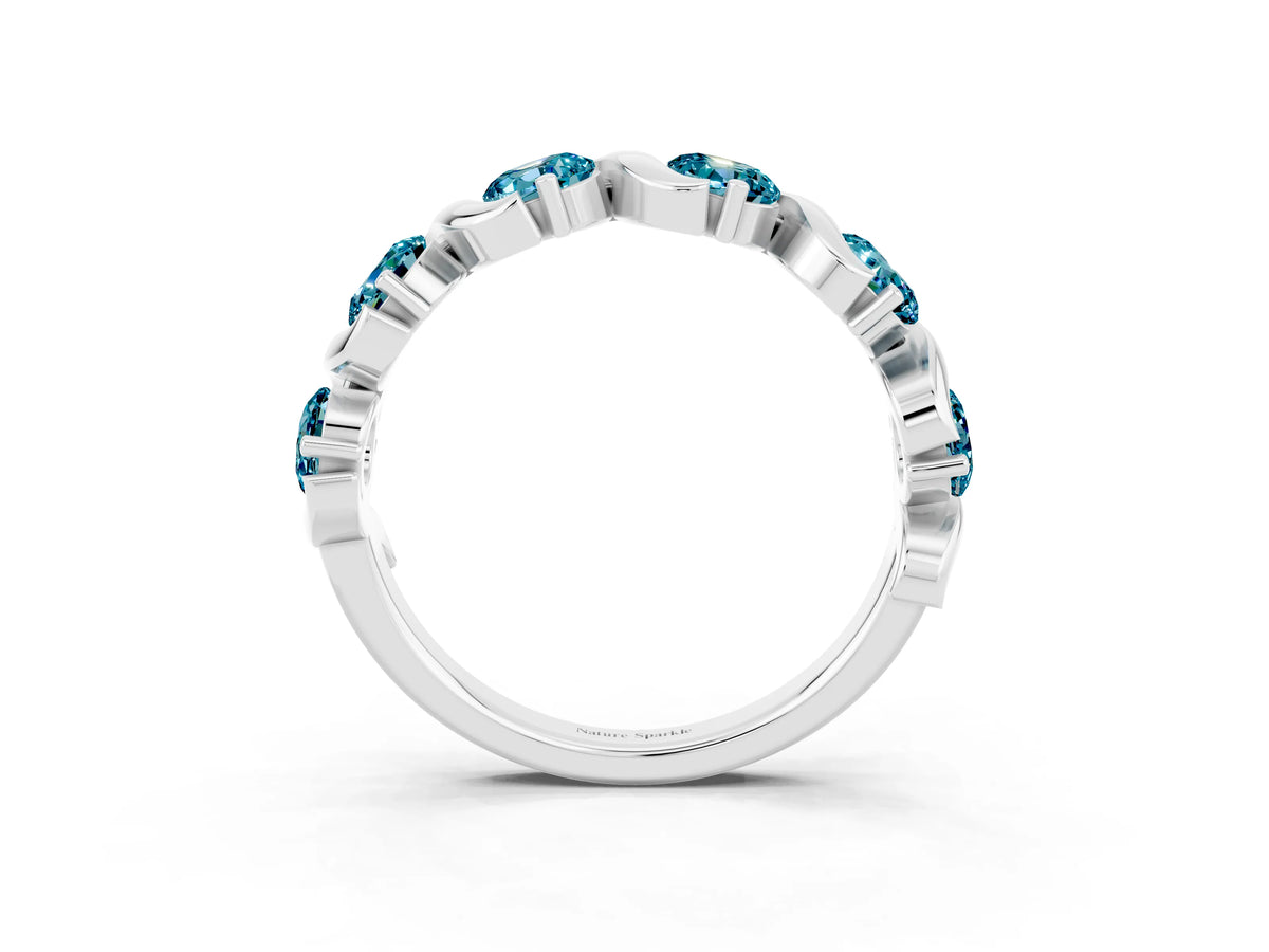 Round Blue Topaz Half Eternity Band in Silver with Wave Prong Setting