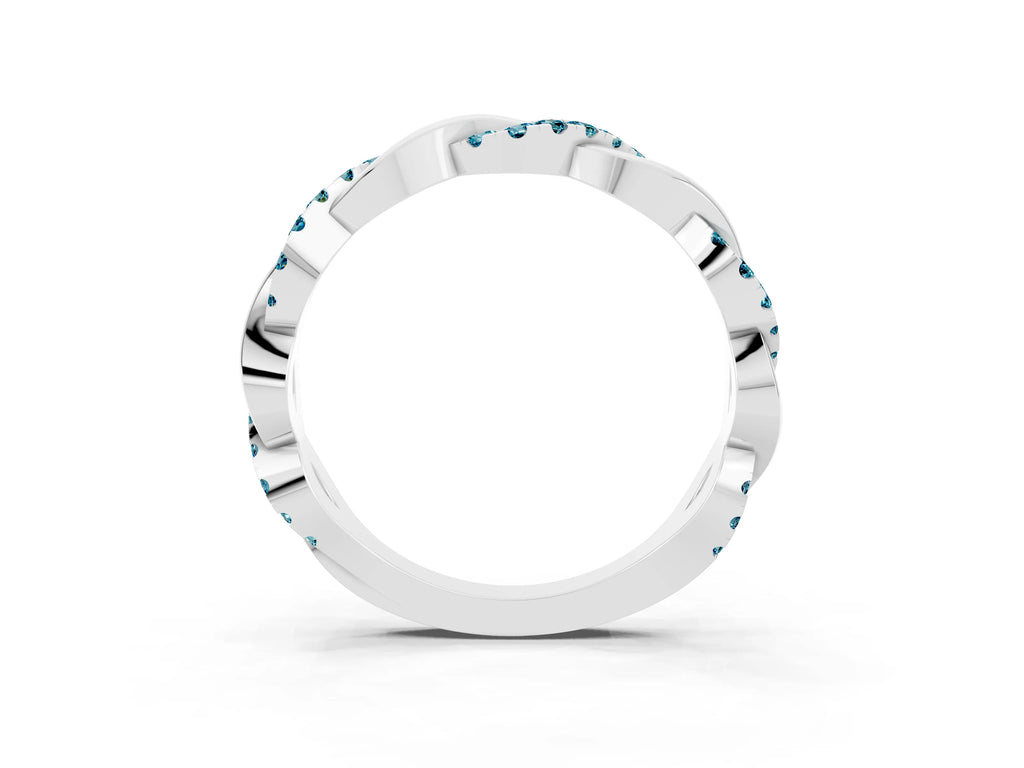 Round Blue Topaz Pavé Twist Eternity Band in White gold with Shared Prong Setting