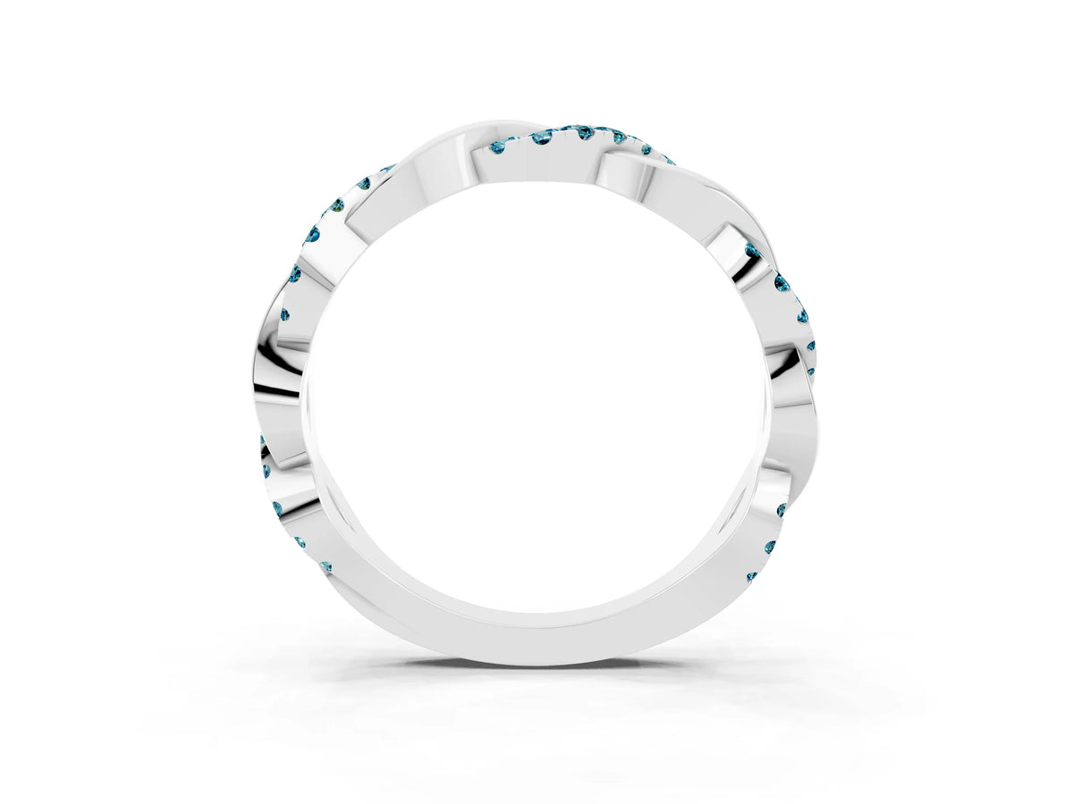 Round Blue Topaz Pavé Twist Eternity Band in White gold with Shared Prong Setting