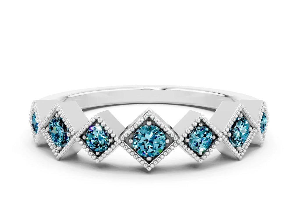 Round Blue Topaz Square Bezel Chevron Band in Platinum with Milgrain Detailing 