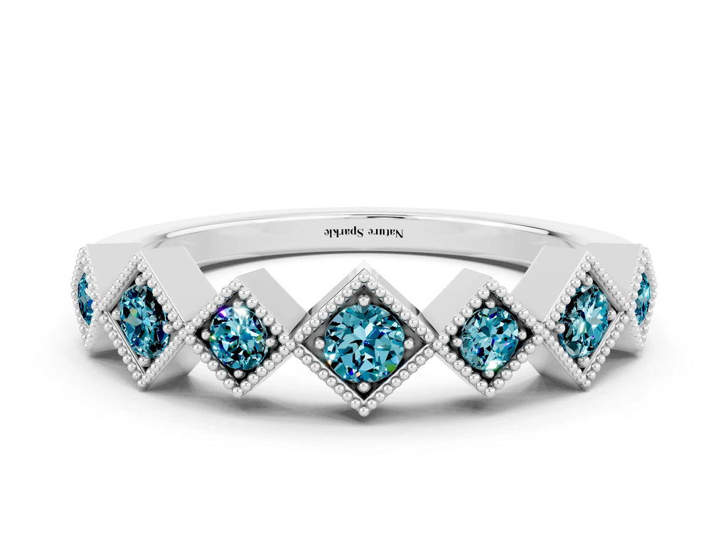 Round Blue Topaz Square Bezel Chevron Band in Platinum with Milgrain Detailing