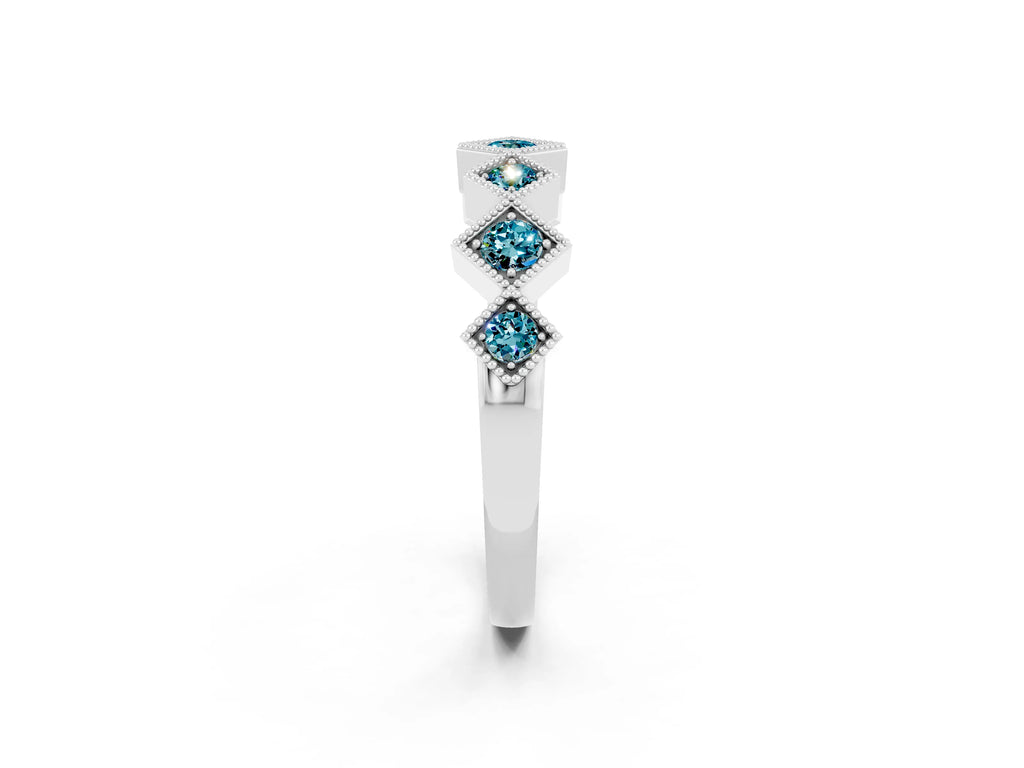 Round Blue Topaz Square Bezel Chevron Band in Platinum with Milgrain Detailing