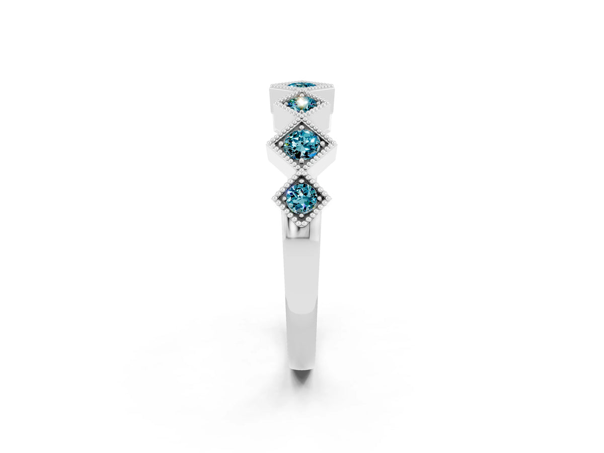 Round Blue Topaz Square Bezel Chevron Band in Platinum with Milgrain Detailing