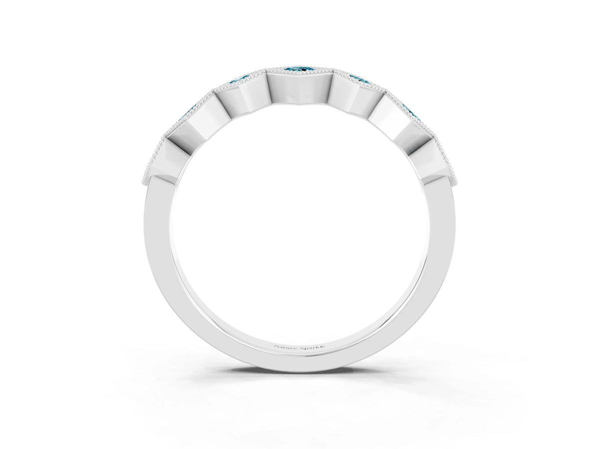 Round Blue Topaz Square Bezel Chevron Band in Platinum with Milgrain Detailing