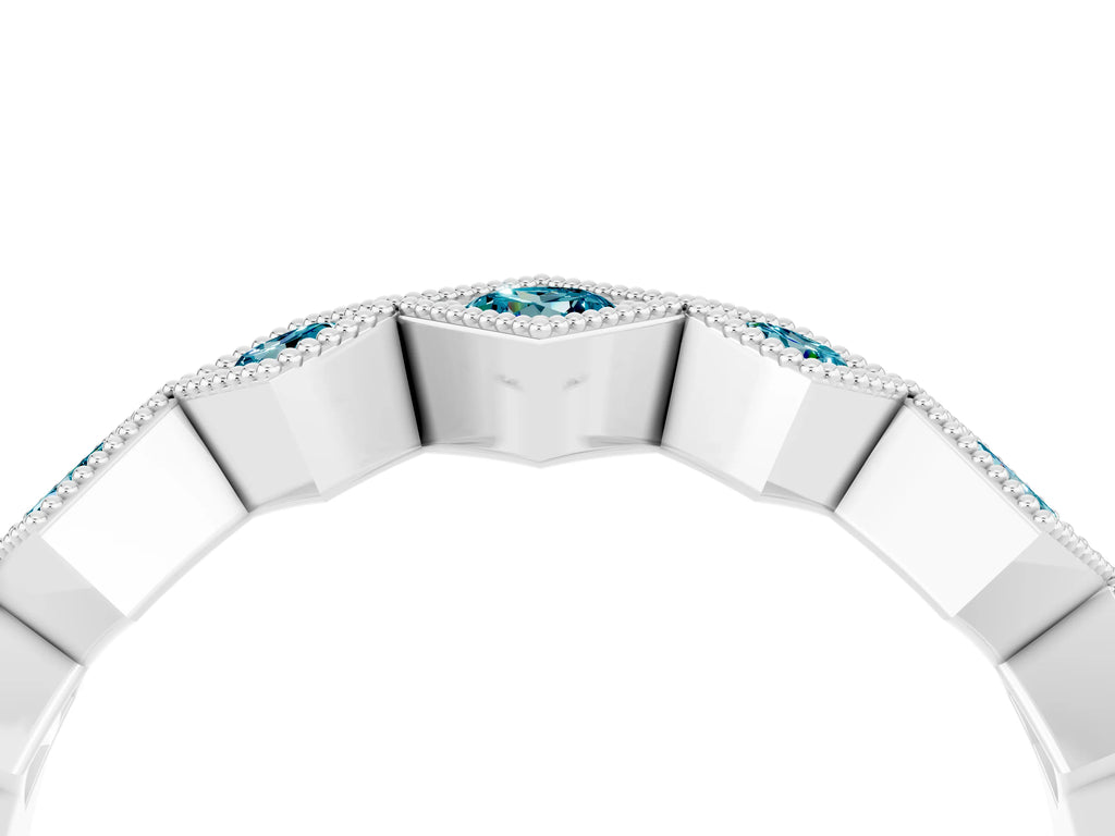 Round Blue Topaz Square Bezel Chevron Band in Platinum with Milgrain Detailing