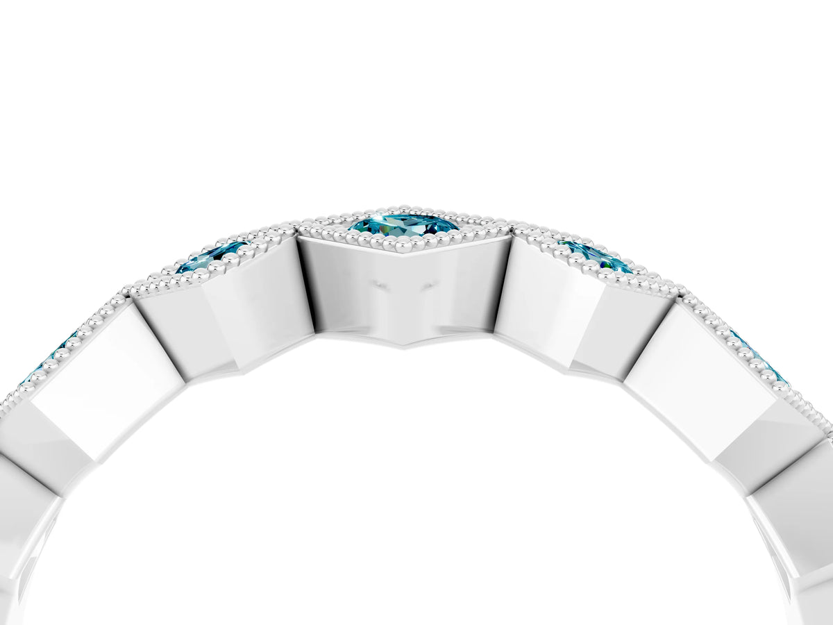 Round Blue Topaz Square Bezel Chevron Band in Platinum with Milgrain Detailing