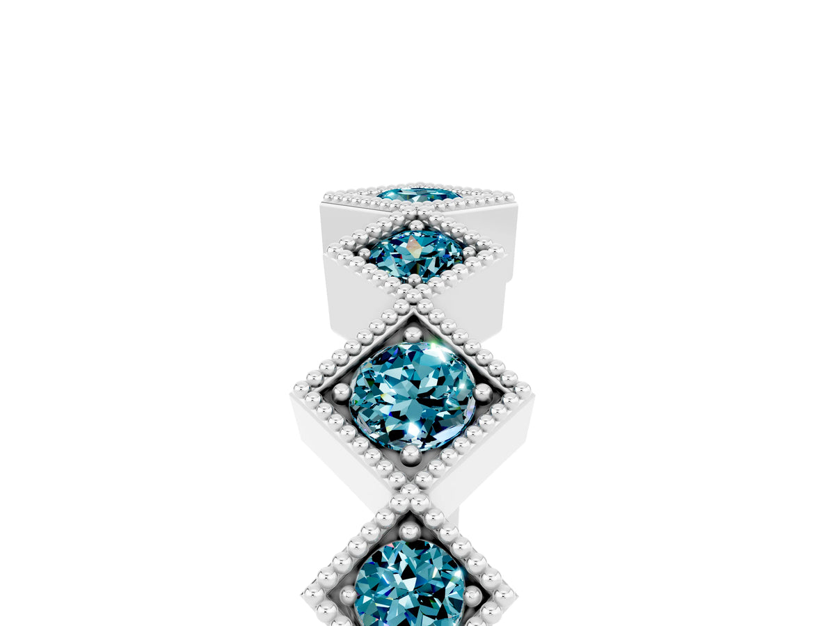Round Blue Topaz Square Bezel Chevron Band in Platinum with Milgrain Detailing