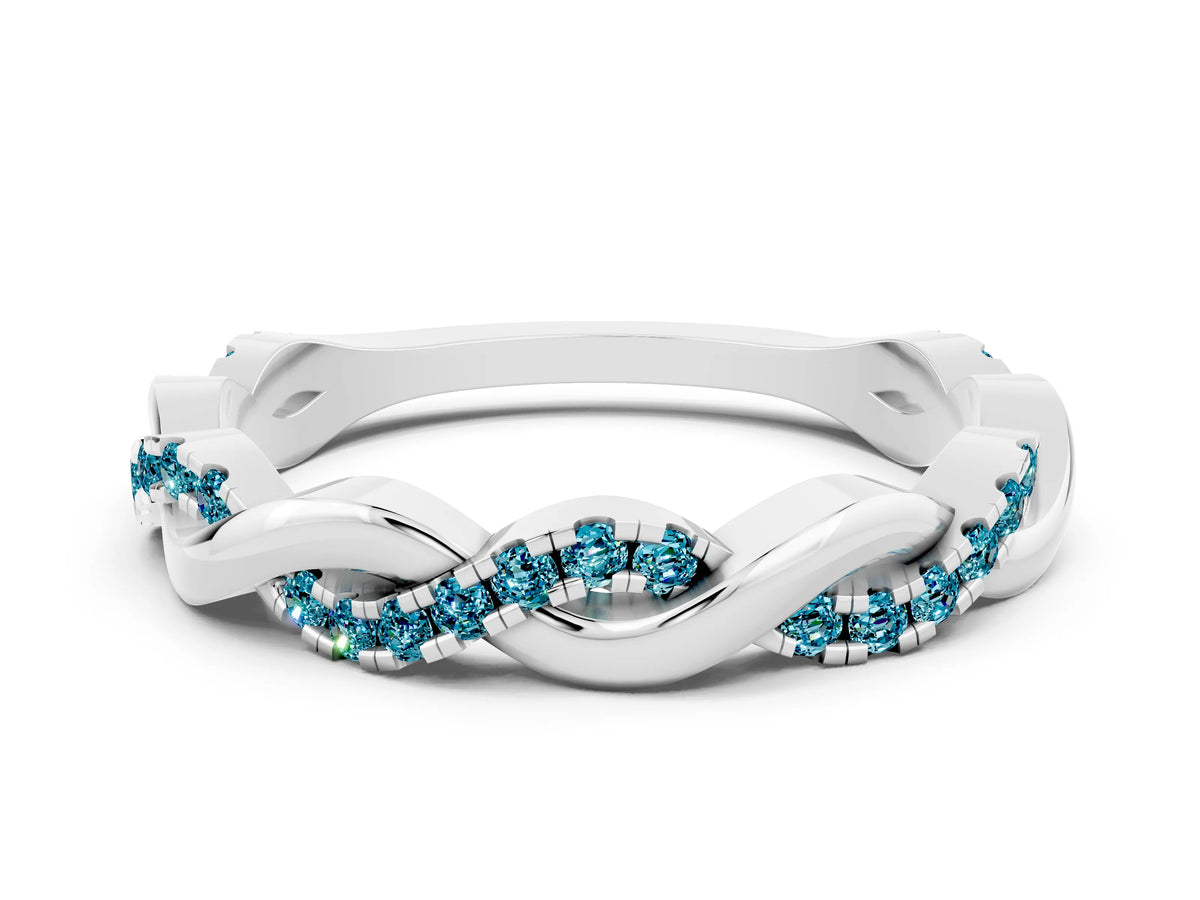 Round Blue Topaz Twist Eternity Band in White gold with Pavé Setting