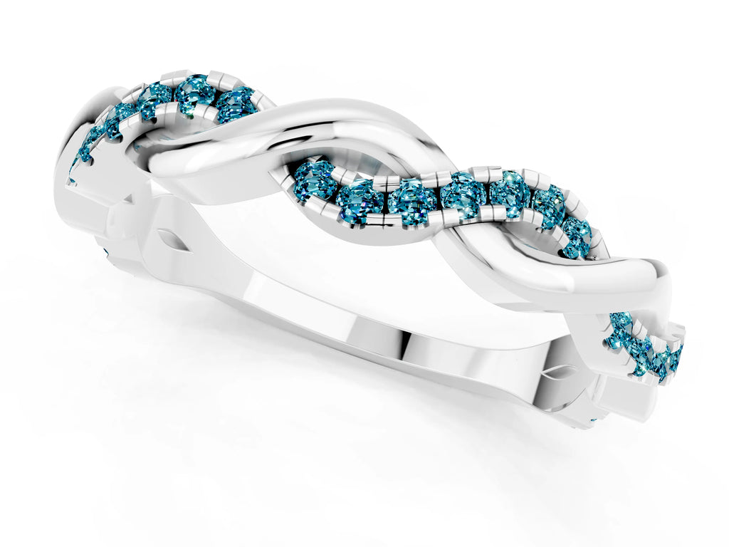 Round Blue Topaz Twist Eternity Band in White gold with Pavé Setting