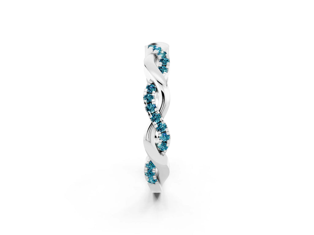 Round Blue Topaz Twist Eternity Band in White gold with Pavé Setting