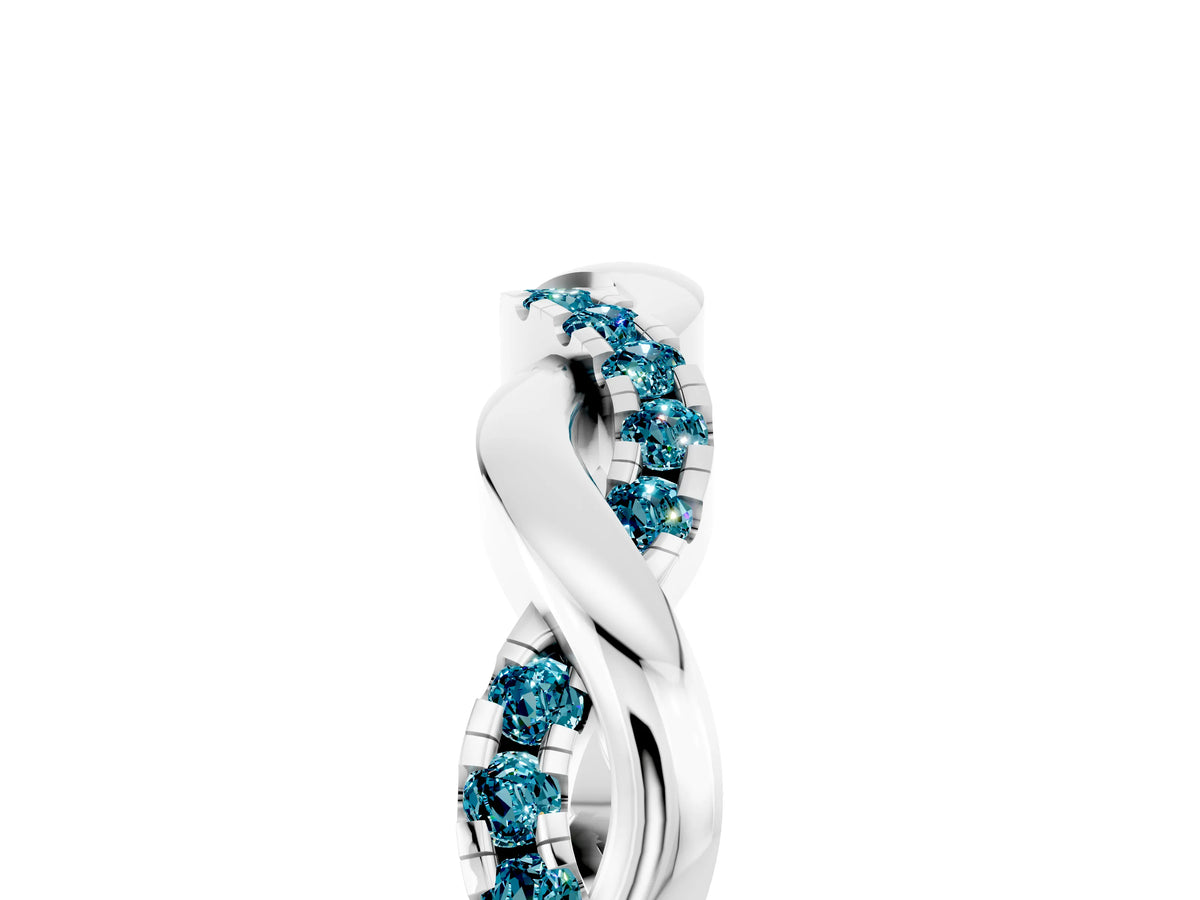 Round Blue Topaz Twist Eternity Band in White gold with Pavé Setting