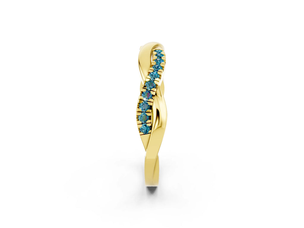 Round Blue Topaz Twisted Infinity Band in Yellow gold with Prong Setting