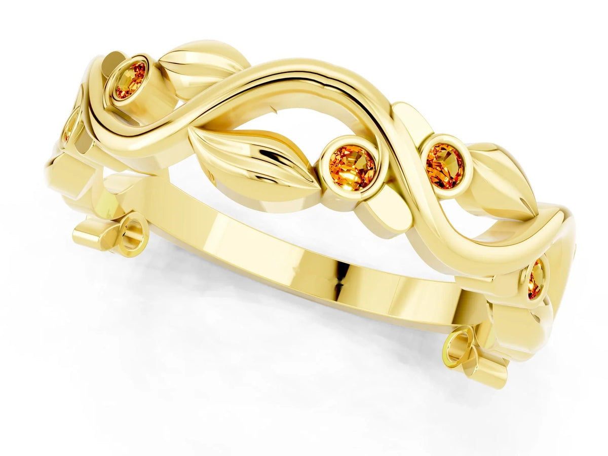 Round Citrine Leaf Motif Eternity Band in Yellow gold with Bezel Setting 