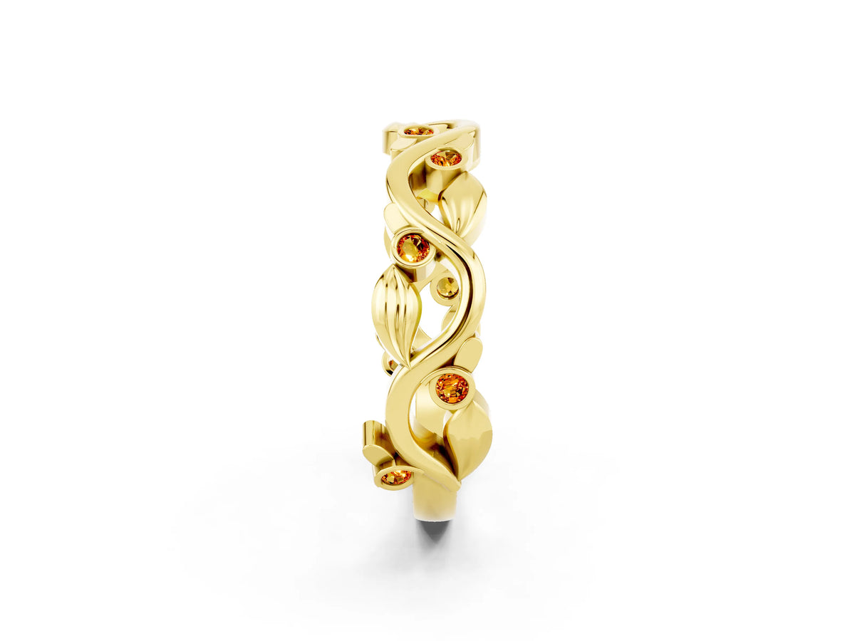 Round Citrine Leaf Motif Eternity Band in Yellow gold with Bezel Setting