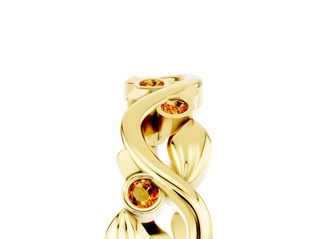 Round Citrine Leaf Motif Eternity Band in Yellow gold with Bezel Setting