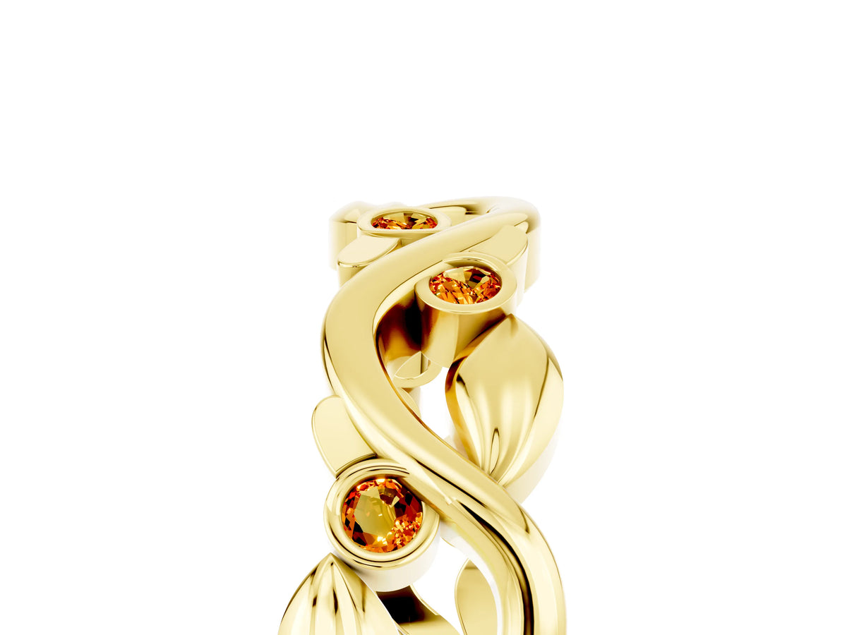 Round Citrine Leaf Motif Eternity Band in Yellow gold with Bezel Setting