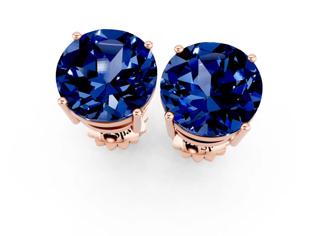 Round Cut Blue Sapphire Stud Earrings in Rose gold with Basket Setting
