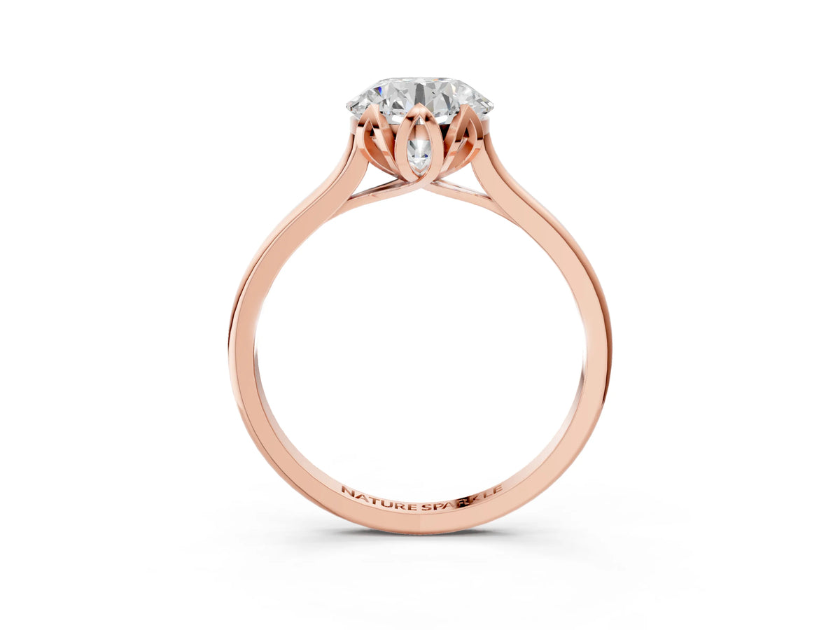 Round Cut Diamond Solitaire Ring in Rose gold with Flower Prong Setting