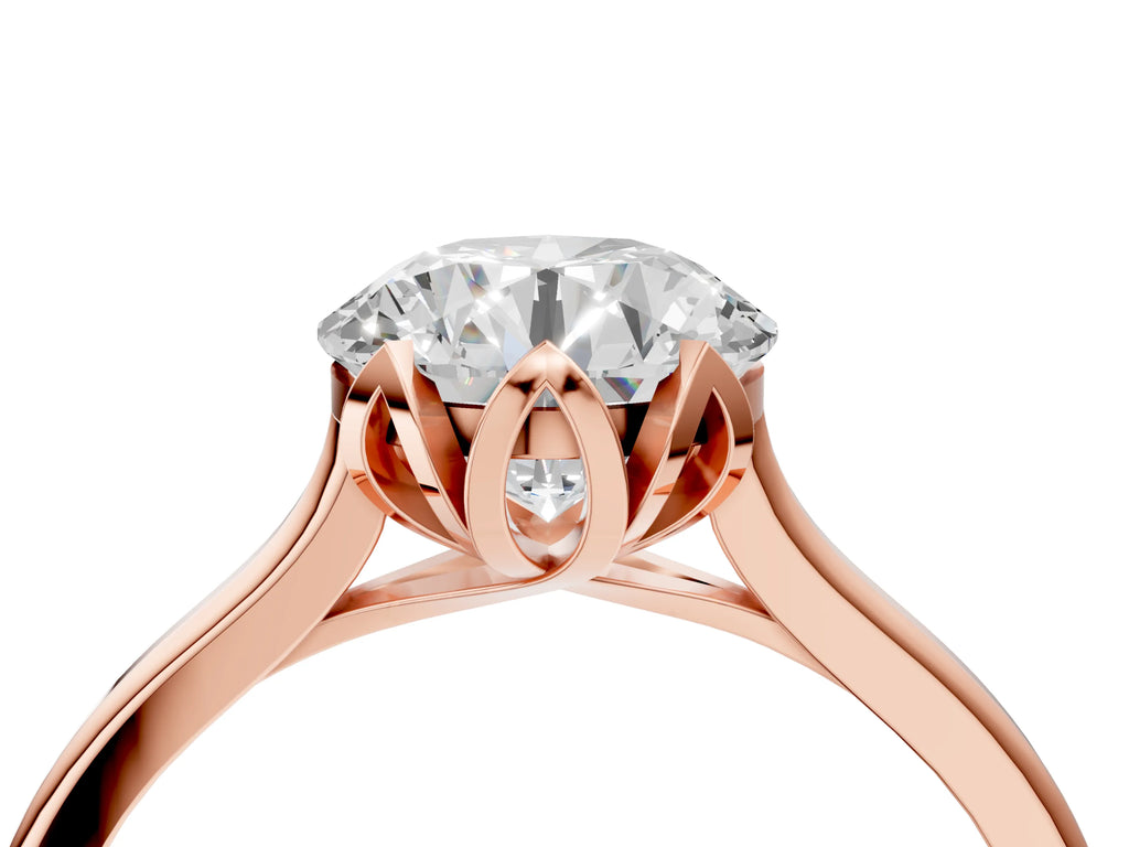 Round Cut Diamond Solitaire Ring in Rose gold with Flower Prong Setting