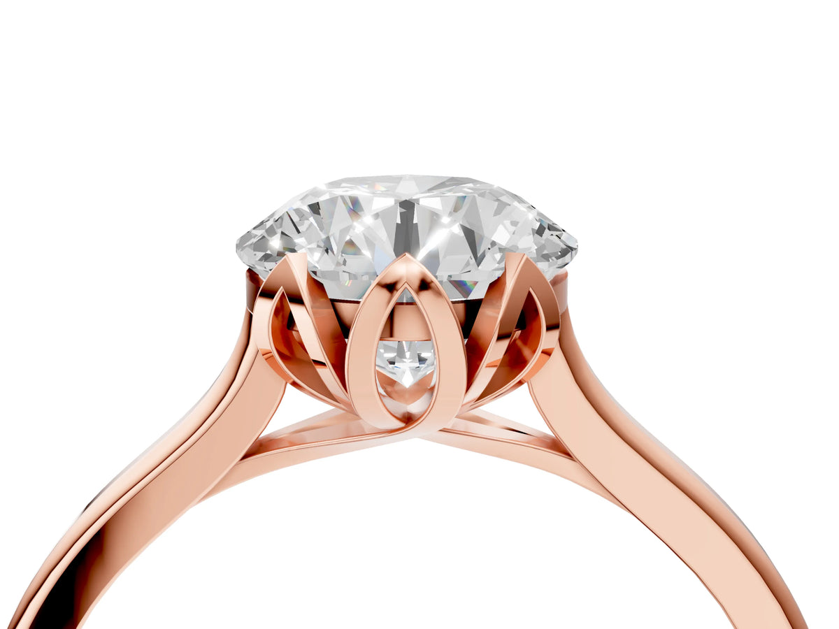 Round Cut Diamond Solitaire Ring in Rose gold with Flower Prong Setting