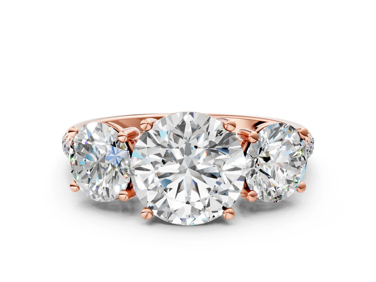 Round Cut Diamond Trellis Three-Stone Engagement Ring in Rose gold with Round Side Stones