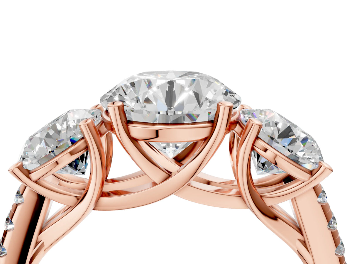 Round Cut Diamond Trellis Three-Stone Engagement Ring in Rose gold with Round Side Stones