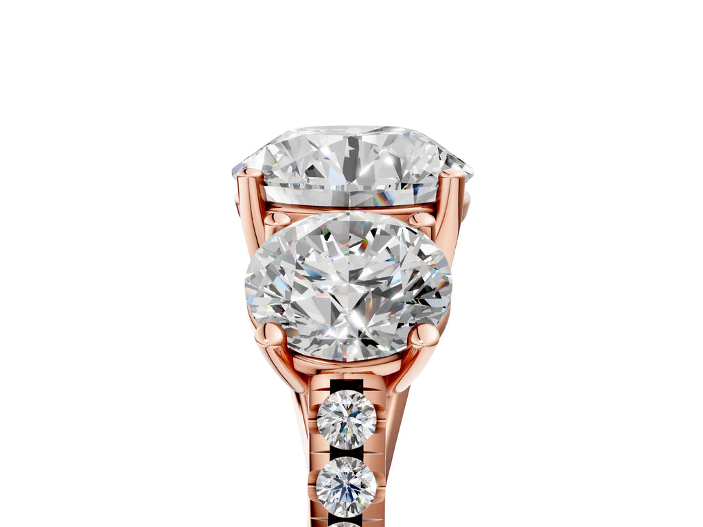 Round Cut Diamond Trellis Three-Stone Engagement Ring in Rose gold with Round Side Stones
