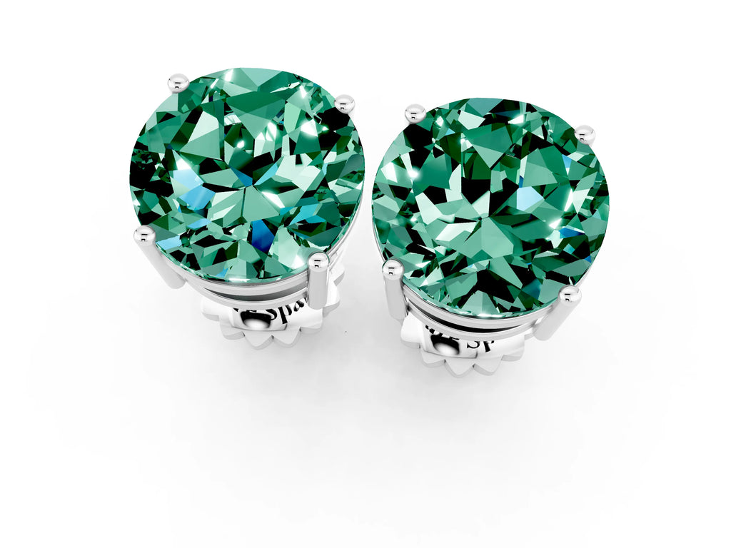 Round Cut Green Sapphire Stud Earrings in Silver with Basket Setting