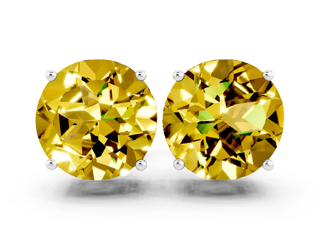 Round Cut Yellow Sapphire Stud Earrings in White gold with Basket Setting
