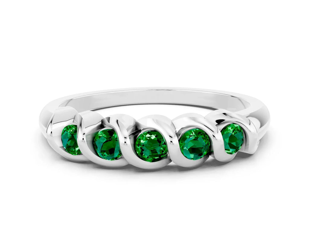 Round Emerald Eternity Band in Platinum with Twist Prong Setting 