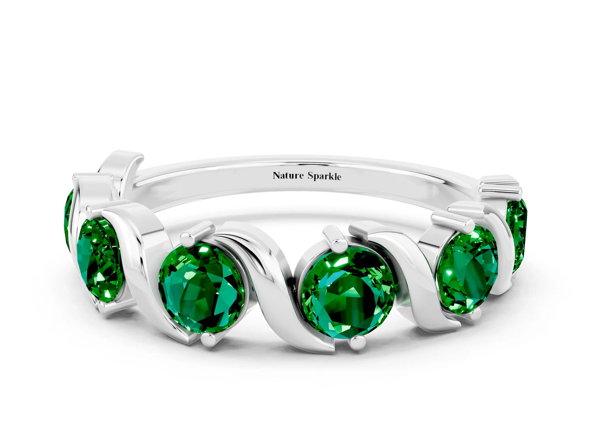 Round Emerald Half Eternity Band in White gold with Wave Prong Setting