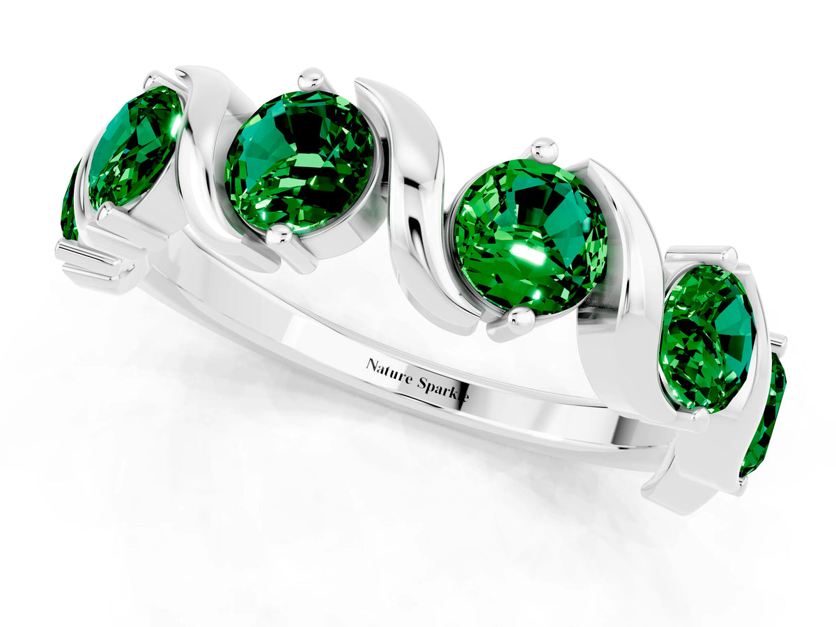 Round Emerald Half Eternity Band in White gold with Wave Prong Setting