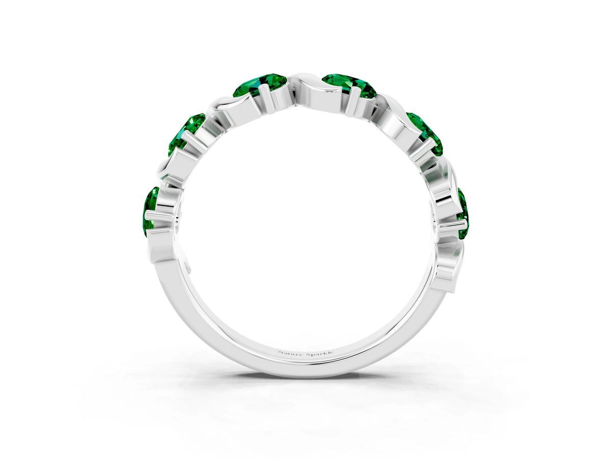 Round Emerald Half Eternity Band in White gold with Wave Prong Setting