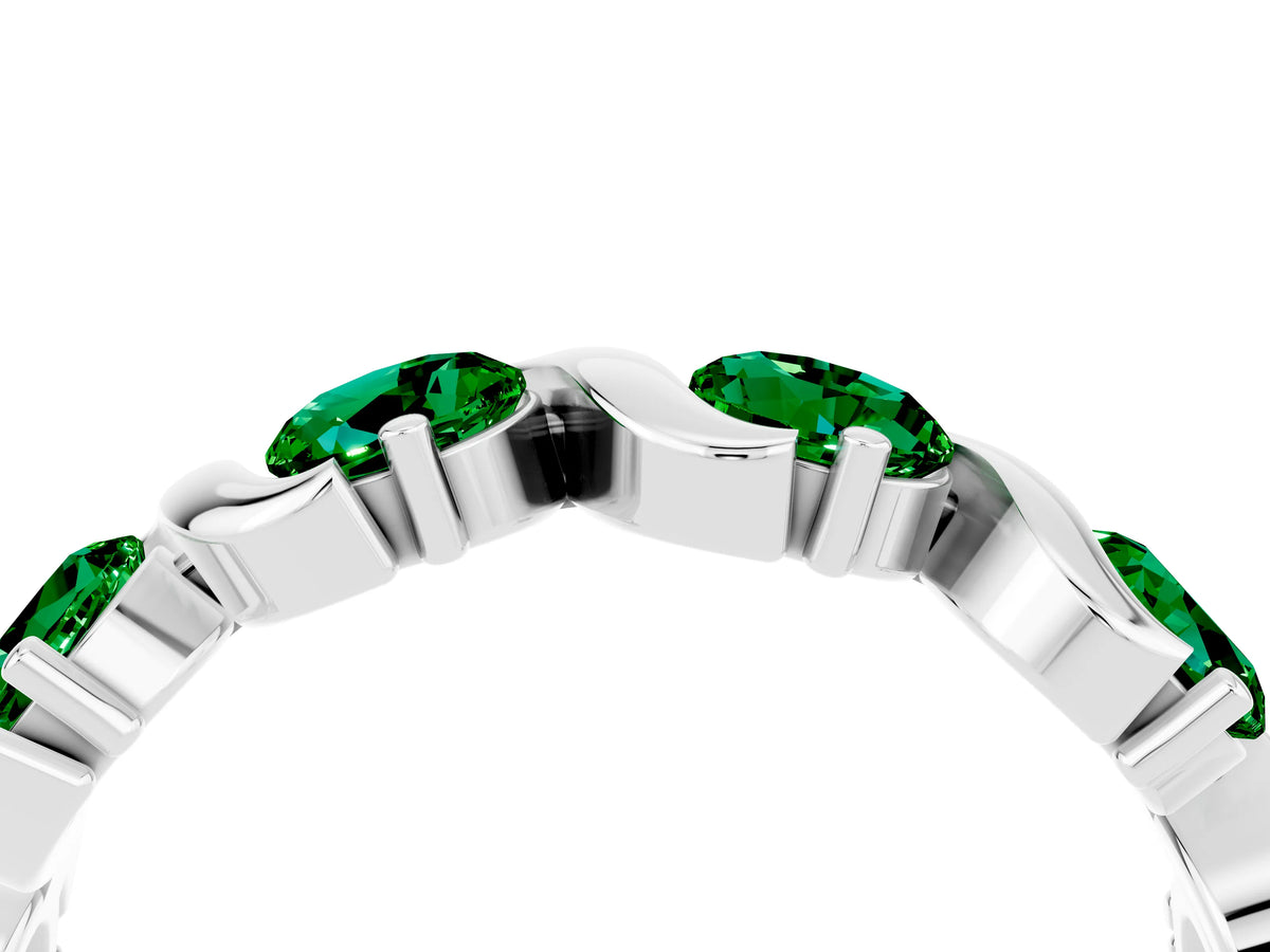 Round Emerald Half Eternity Band in White gold with Wave Prong Setting