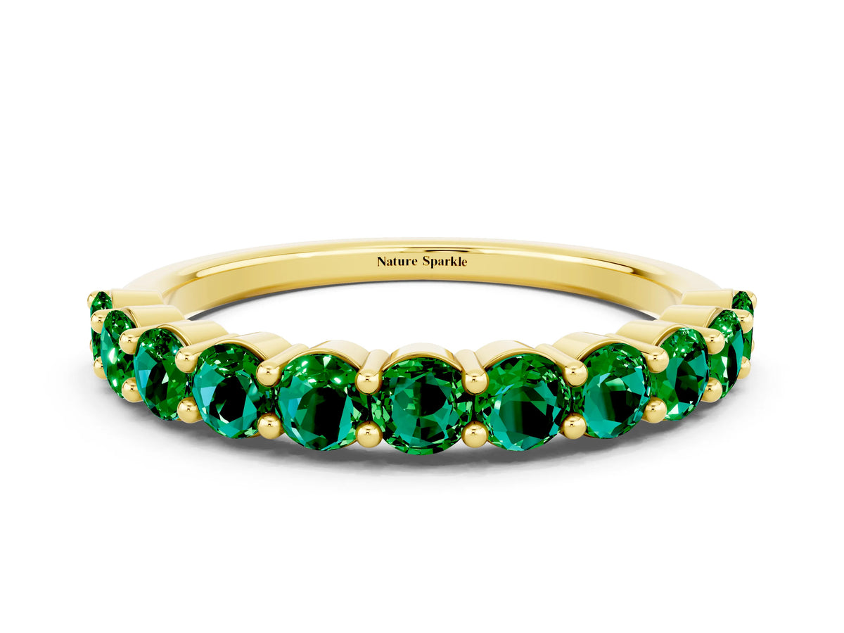 Round Emerald Half Eternity Band in Yellow gold with Classic Prong Setting