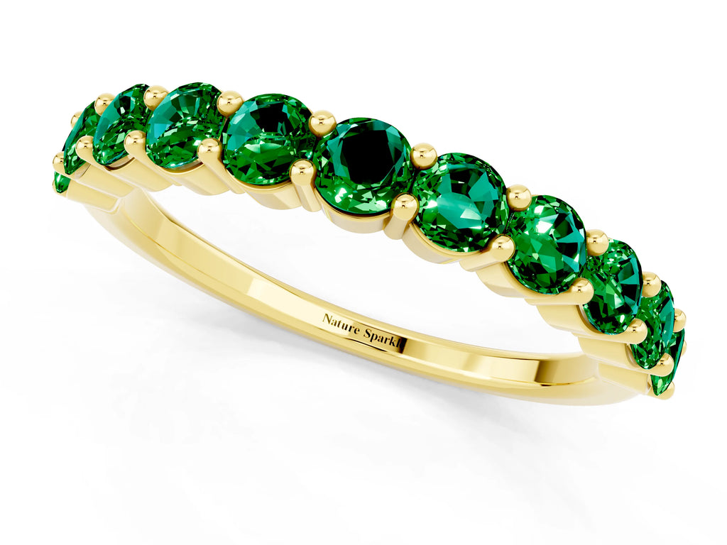 Round Emerald Half Eternity Band in Yellow gold with Classic Prong Setting