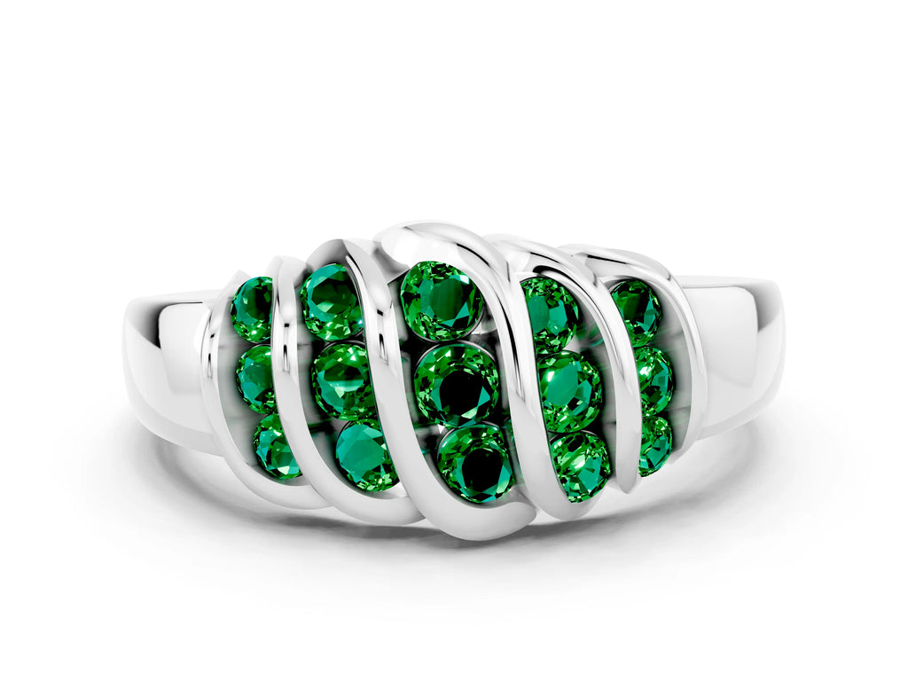 Round Emerald Multi-Row Crossover Band in Platinum with Polished Curves